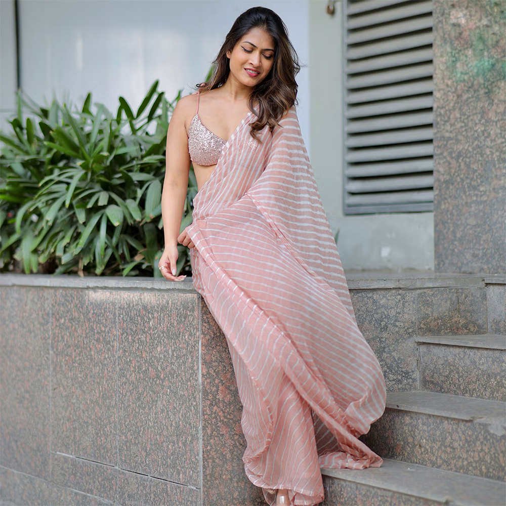 Sutra Attire French Pink Printed Chiffon Leheriya Saree with Unstitched Blouse