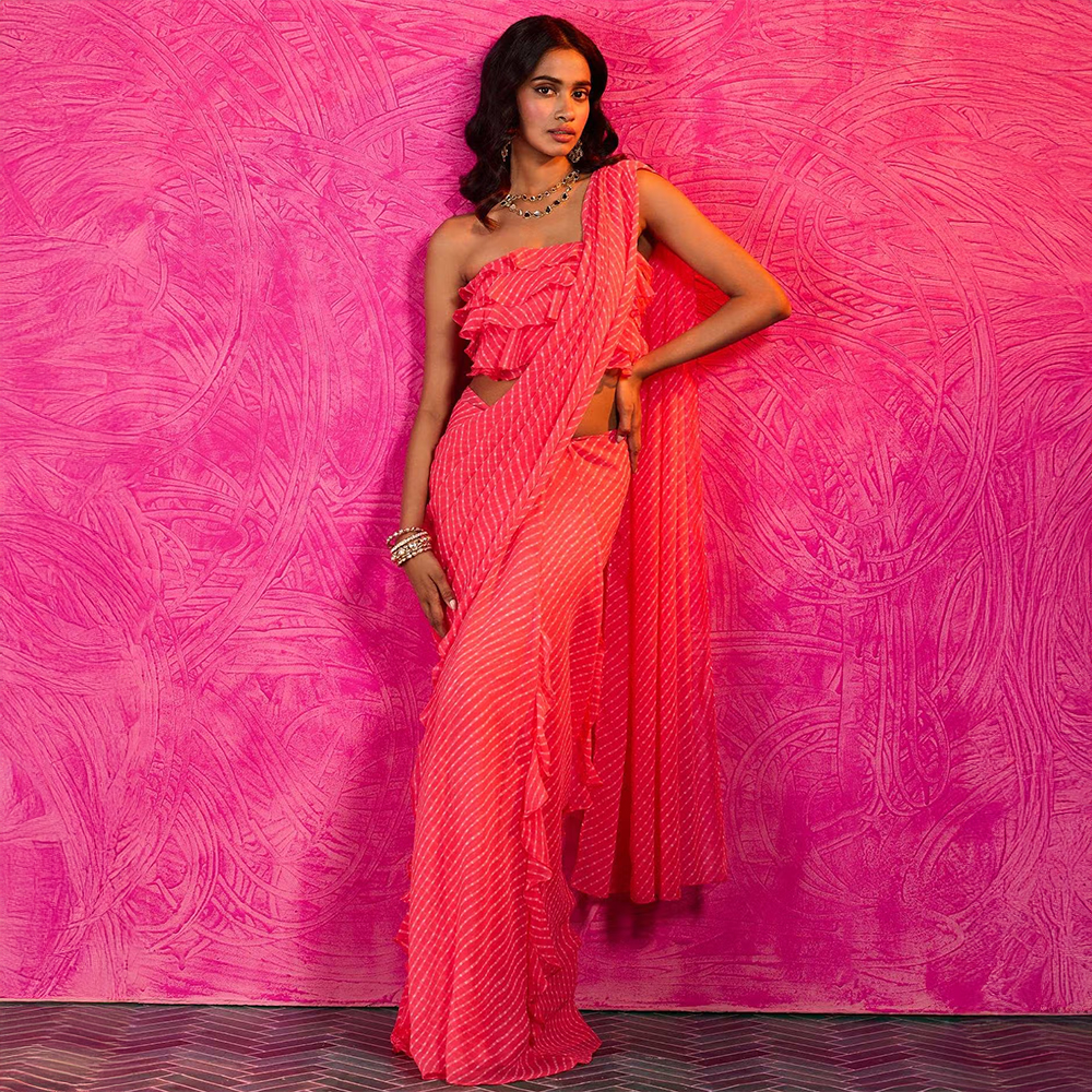 Gajra Gang Frida Farida Coral Georgette Ruffled Leheriya 1-Minute Saree