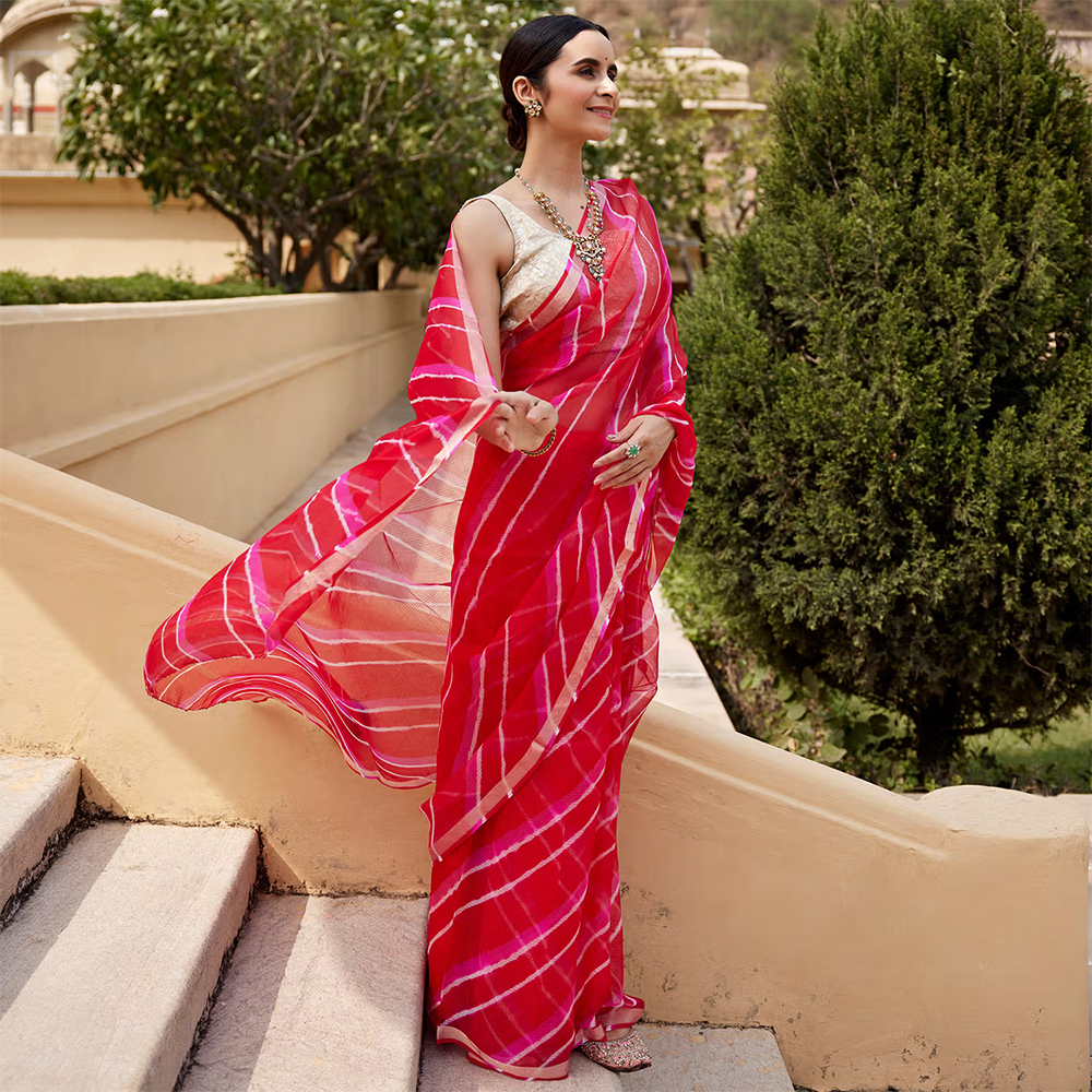 Geroo Jaipur Red Pink Pure Kota Silk Hand Dyed Leheriya Saree With Unstitched Blouse