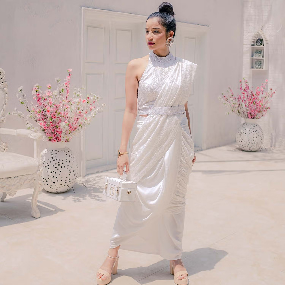 MONK & MEI Karishma Chikankari Dhoti Saree with Stitched Blouse- White (Set of 2)