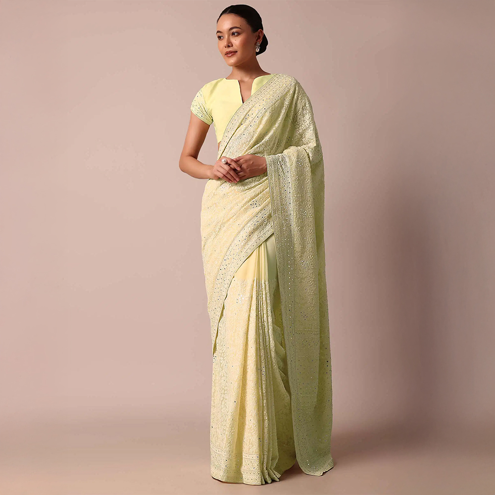 Kalki Yellow Lucknowi Chikankari Sequin Saree With Unstitched Blouse Piece