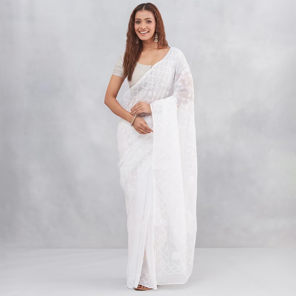 Fab India White Cotton Silk Blend Chikankari Sari
