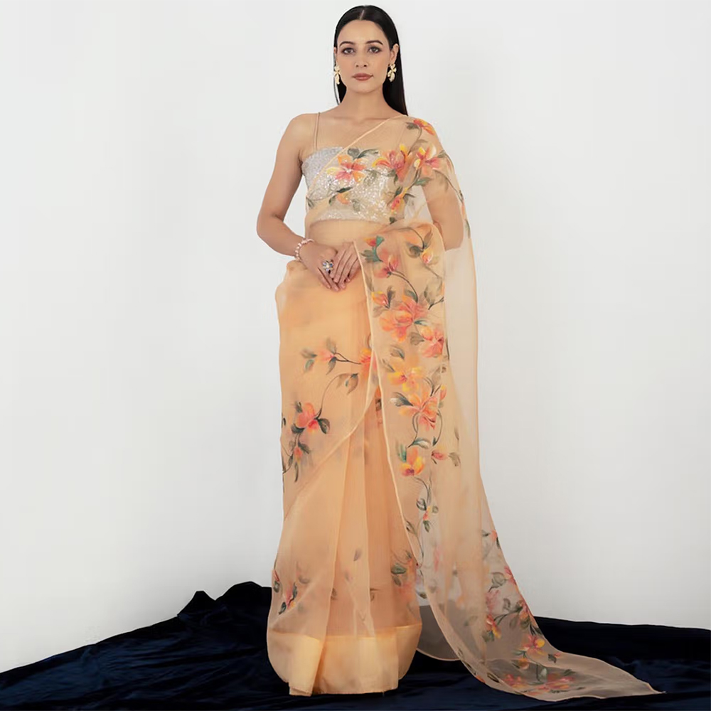 Fallon Studio by Shruti Kaushik Orange Floral Kantha Saree with Unstitched Blouse