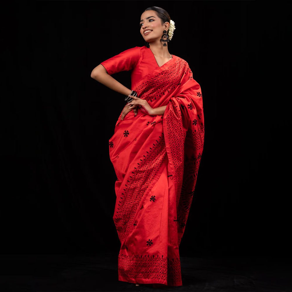 Triyah Red Cotton Black Kantha Saree With Unstitched Blouse