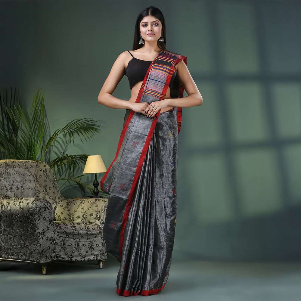 Angoshobha Grey Zari Cotton All Body Kantha Buti Handloom Tissue Saree with Unstitched Blouse