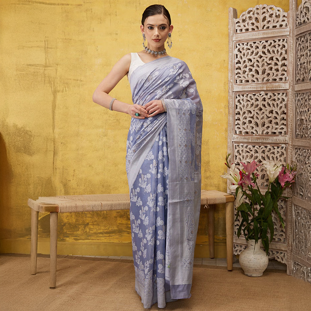 Silk Land Grey Assam Makhela Sador Cotton Woven Bihu Special Saree and Unstitched Blouse