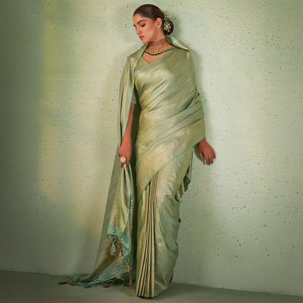 Moss Green Gold Zari Kanjivaram Silk Saree