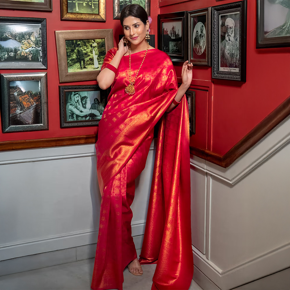 Zilikaa Red Special Kanjeevaram Silk Saree with Unstitched Blouse