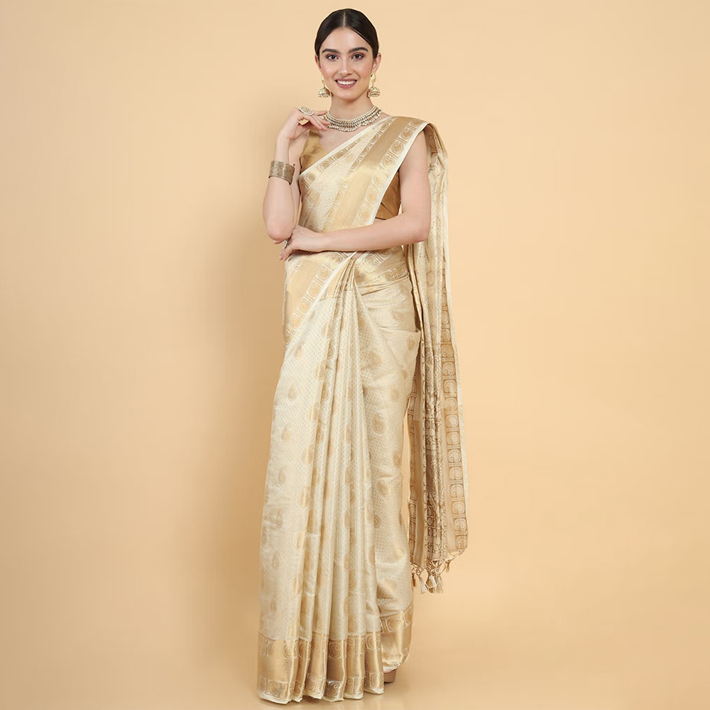 Mimosa Women Traditional Kasavu Art Silk Beige Saree with Unstitched Blouse