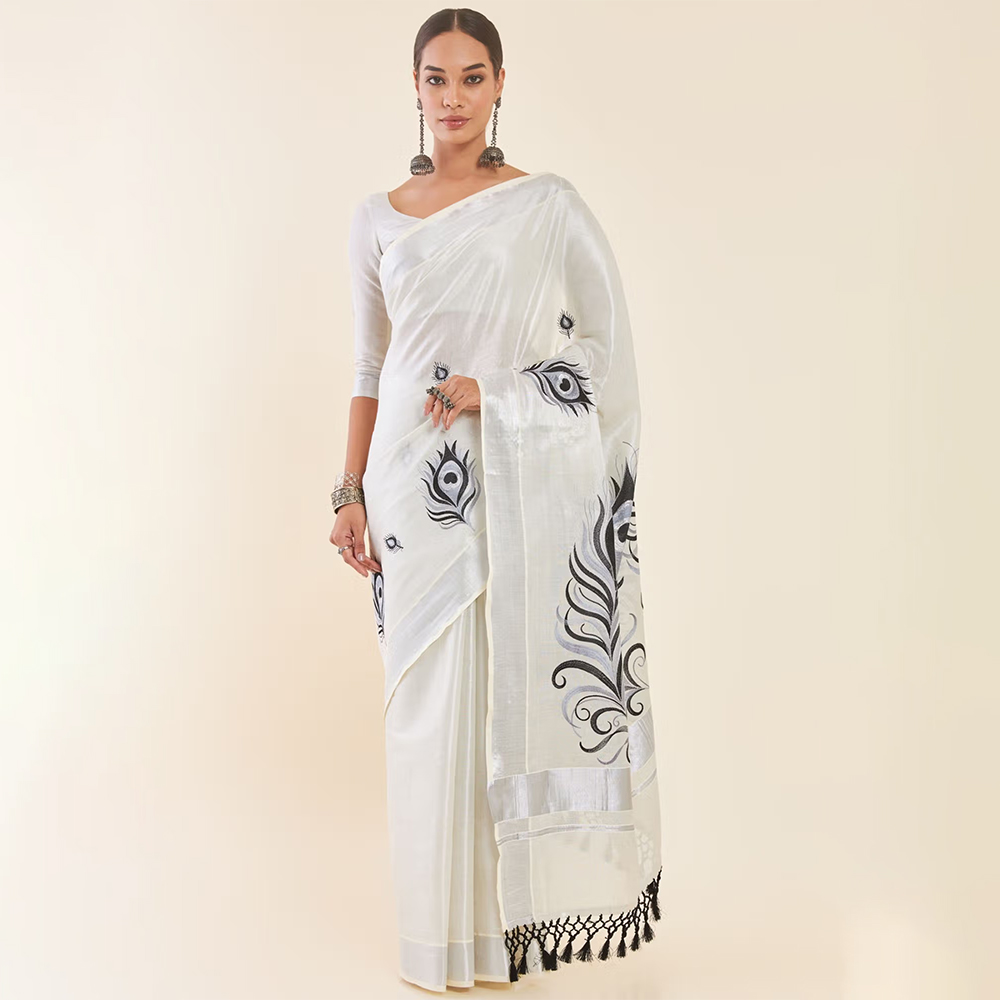 Soch Silver Tissue Kasavu Saree with Peacock Feather Embroidery and Unstitched Blouse