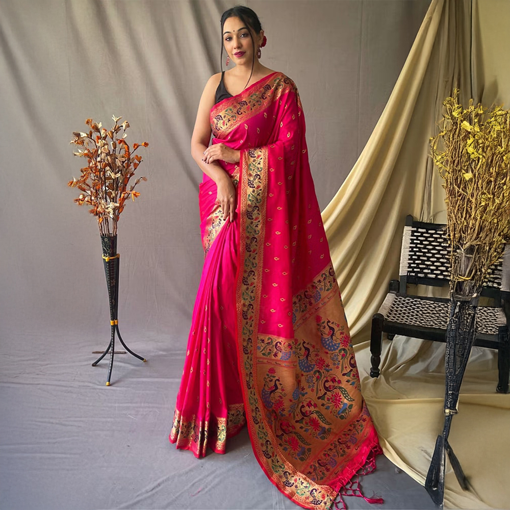 SGF11 Pink Women Kanjivaram Pathani Pure Soft Silk Saree with Unstitched Blouse