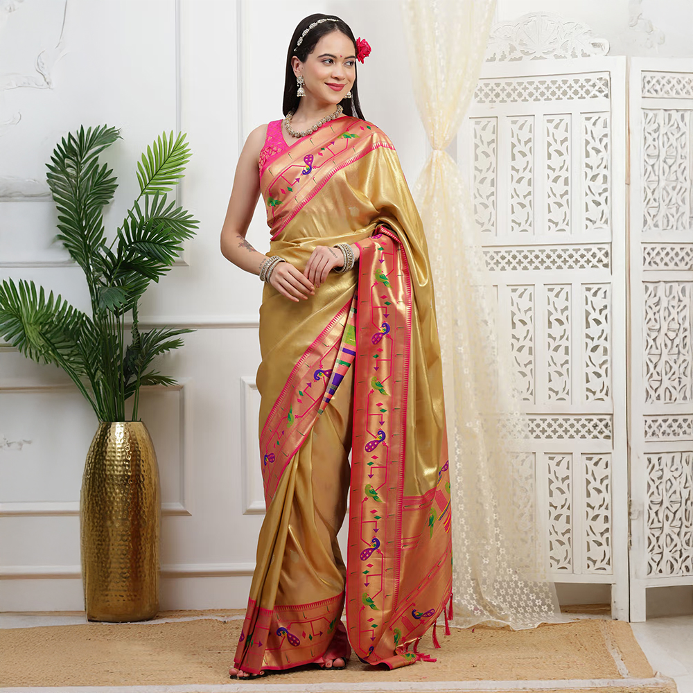 Dress & Dazzle Gold Paithani Tissue Saree with Unstitched Blouse