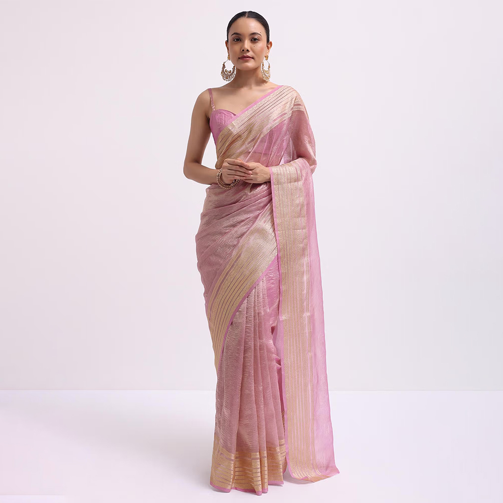 KALKI FASHION Pink Zari Woven Chanderi Saree with Unstitched Blouse