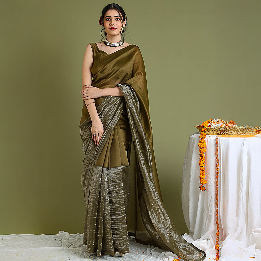 Vinusto Brown Chanderi Handloom Colour Blocked Saree with Stitched Blouse