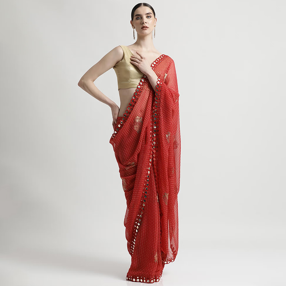 Jaipur Kurti Pure Georgette Patola Mirror Foil Printed Red Saree with Unstitched blouse