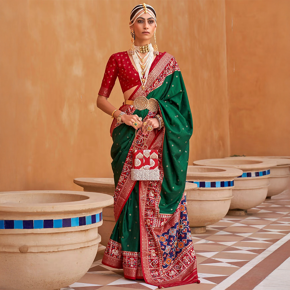 Elora Polka Dots Printed Patola Silk Saree (Green)