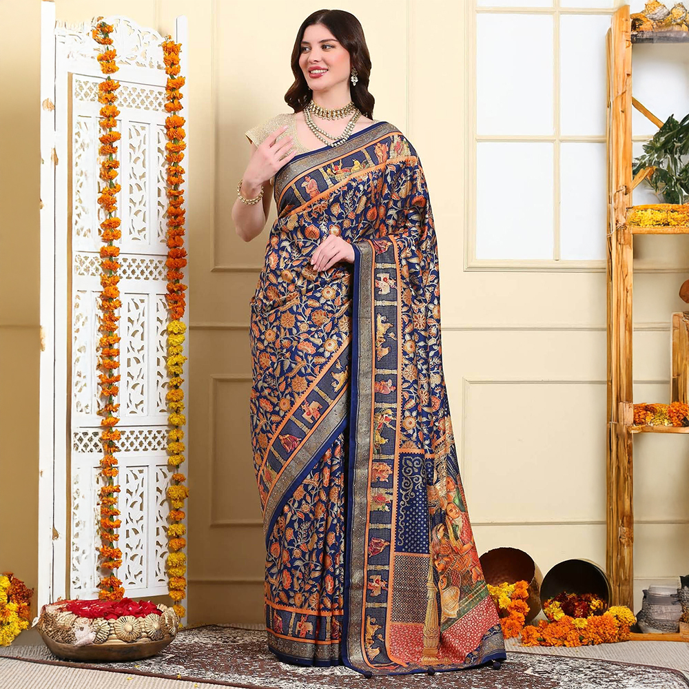 Dress & Dazzle Women Royal Blue Patola Silk Saree with Unstitched Blouse