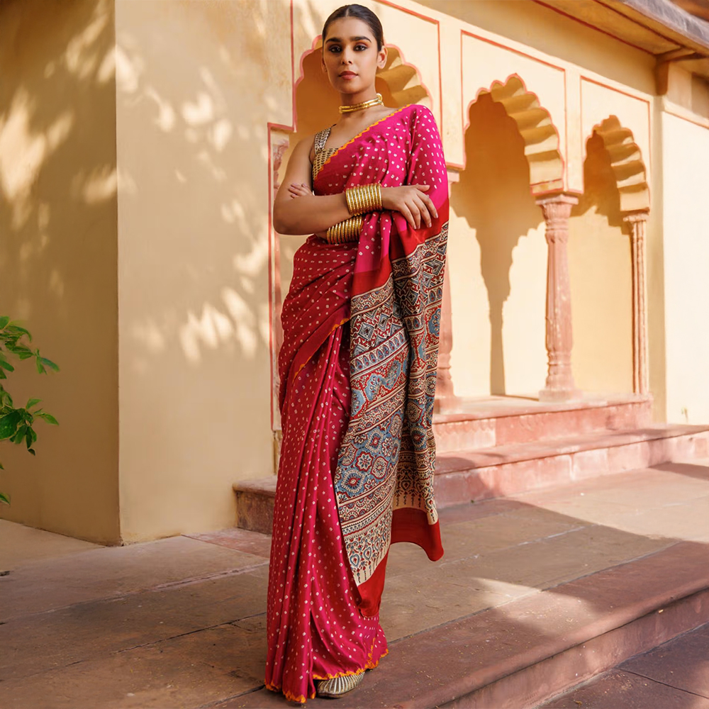 Geroo Luxe Magenta Pink Ajrakh Pure Bandhani Silk Saree with Unstitched Blouse