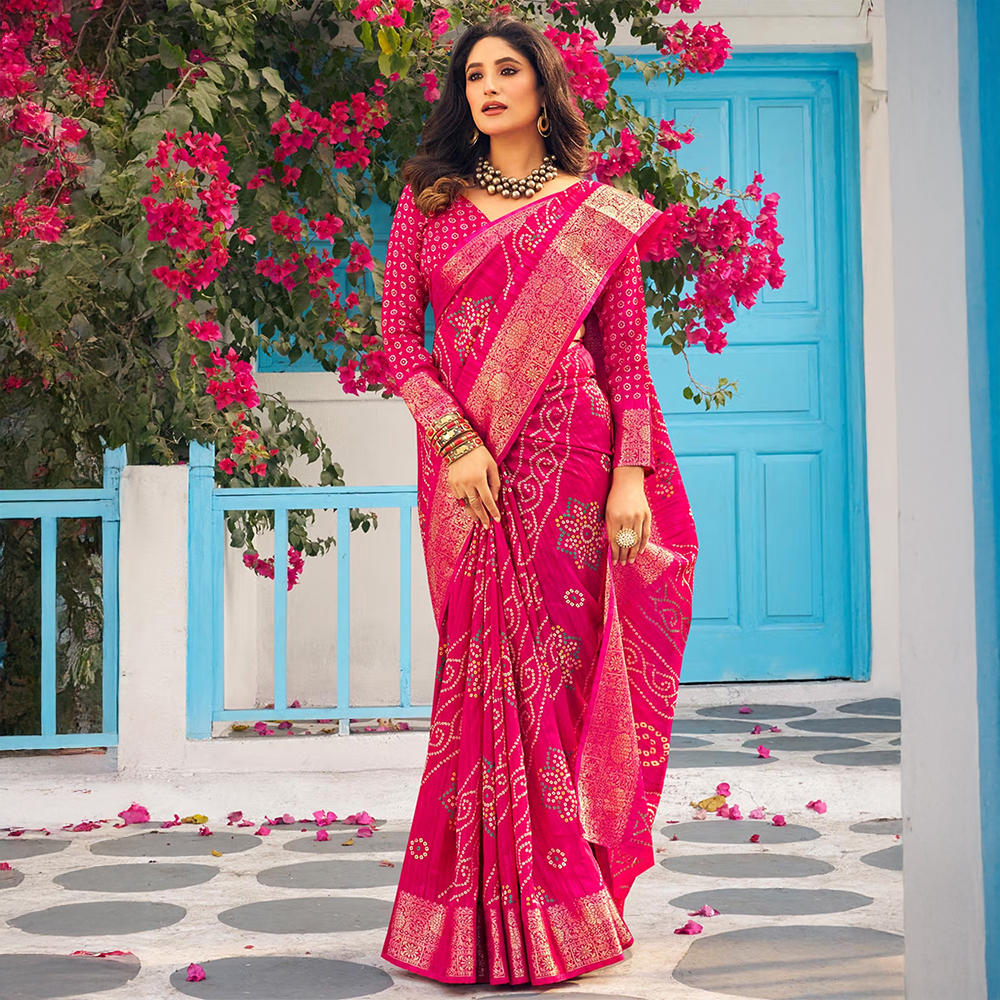 Akhilam Women's Moonga Silk Pink Printed Designer Saree with Unstitched Blouse
