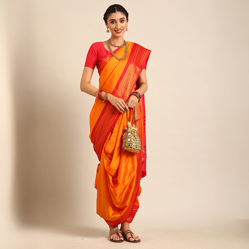 Swamini Mango Orange & Red Soft Silk Maharani Nauvari Paithani Saree