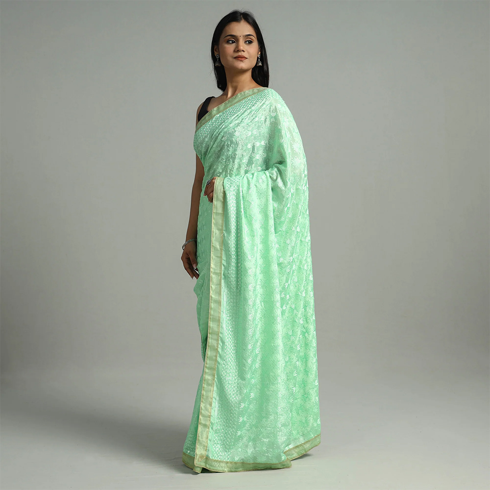 Green - Phulkari Heavy Embroidery Chiffon Saree