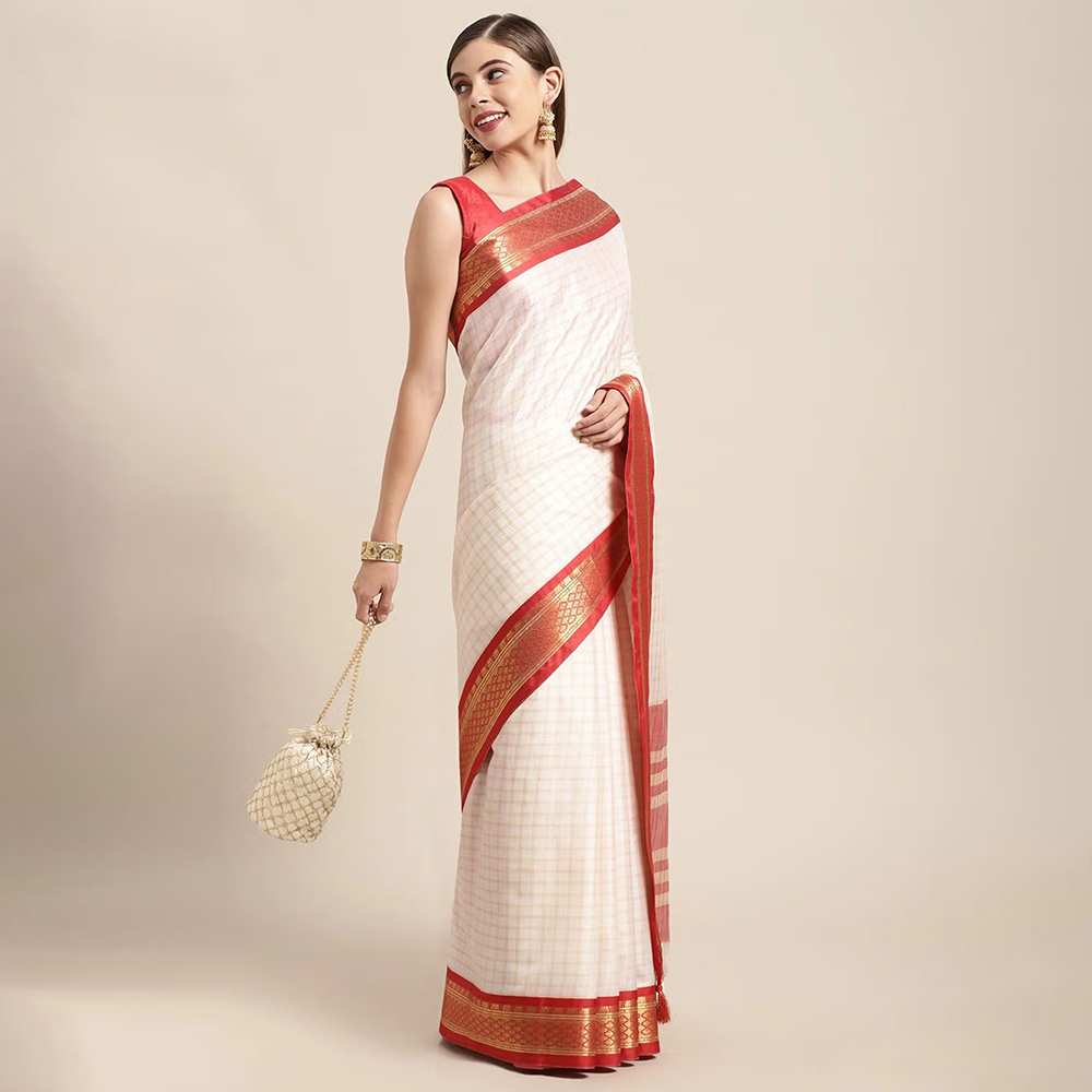 Red Checked Zari Pure Silk Gadwal Saree