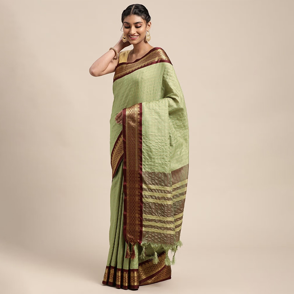 Pista Green Checked Pure Silk Gadwal Saree