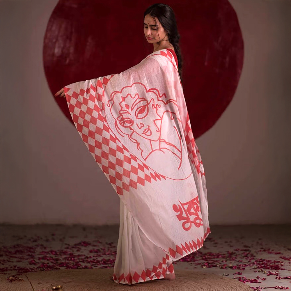 Suta White Kota Doria Saree without Blouse Piece, Fall attached