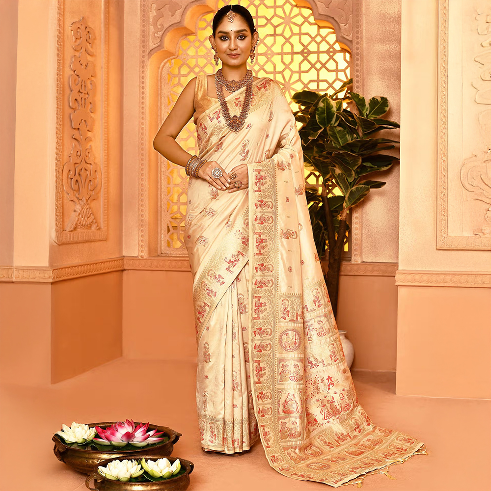 Elora Pure Soft Silk Baluchari Weaving Saree Cream with Unstitched Blouse
