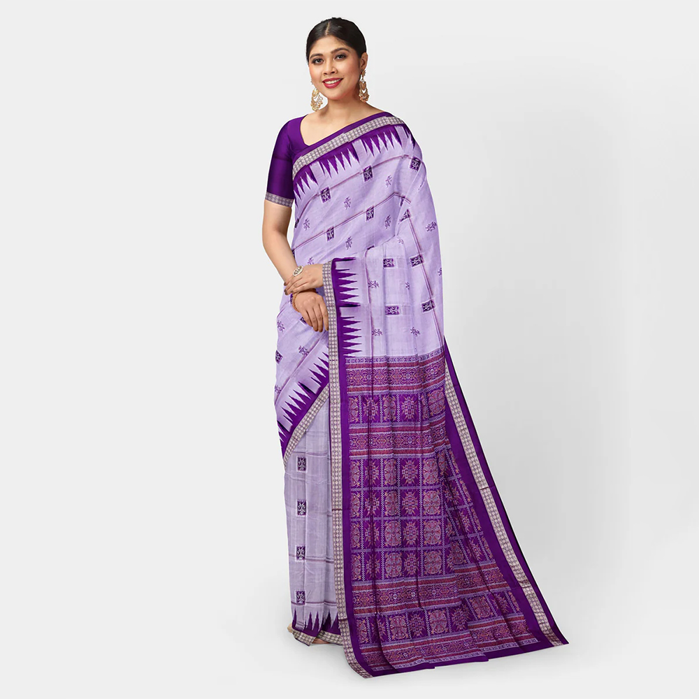 Lavender gray temple border silk handwoven bomkai saree