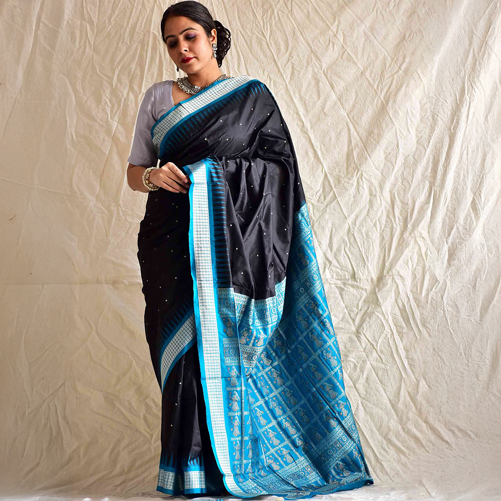Sundarii Black Libas Handwoven Bomkai Saree with Unstitched Blouse
