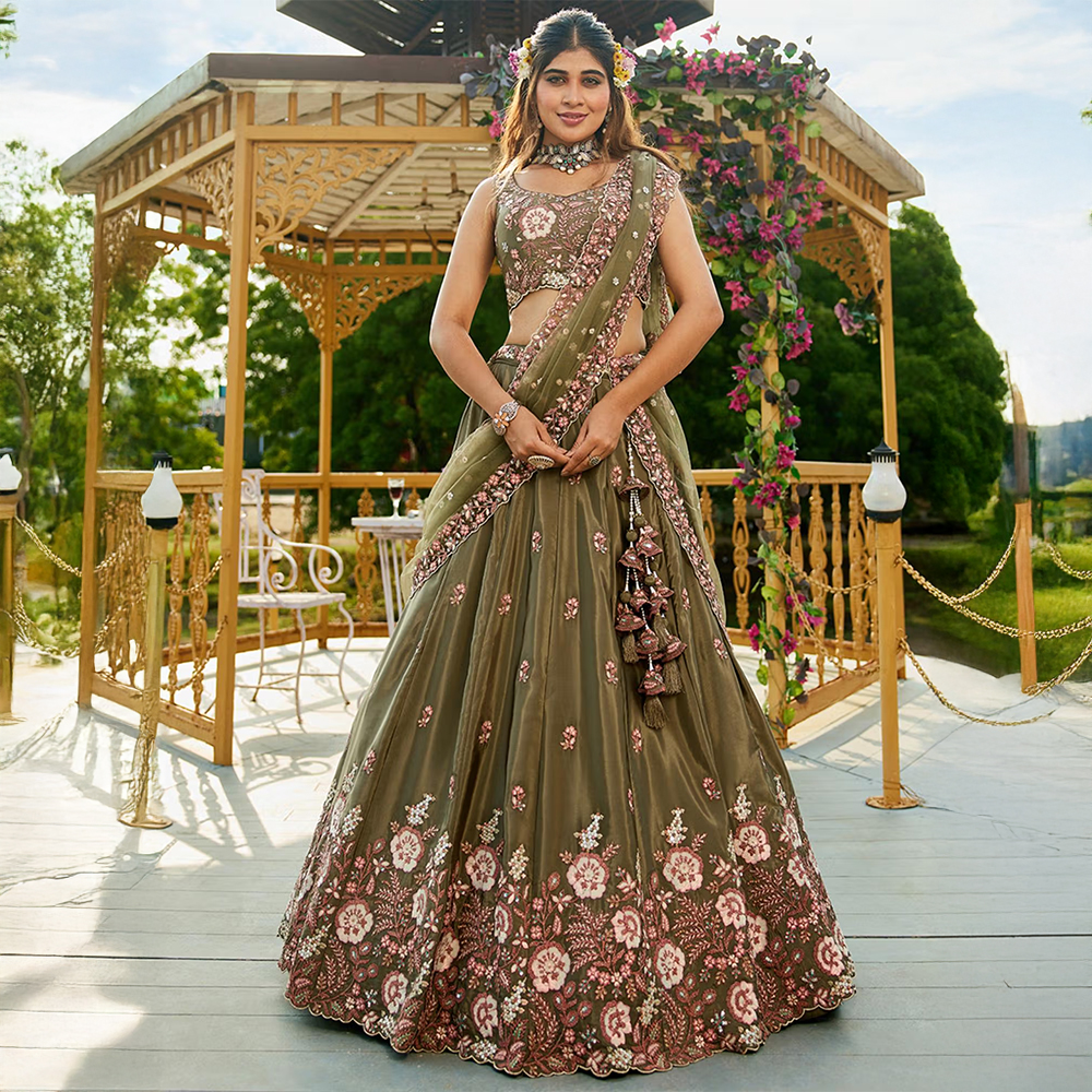 Panchhi Olive Satin Sequin Embroidery Semi Stitched Lehenga & Choli with Dupatta (Set of 3)