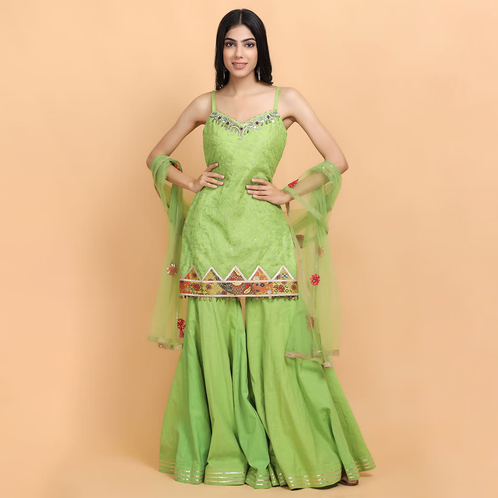 Arpita Sulakshana Neon Green Kota Kurta Sharara with Dupatta (Set of 3)