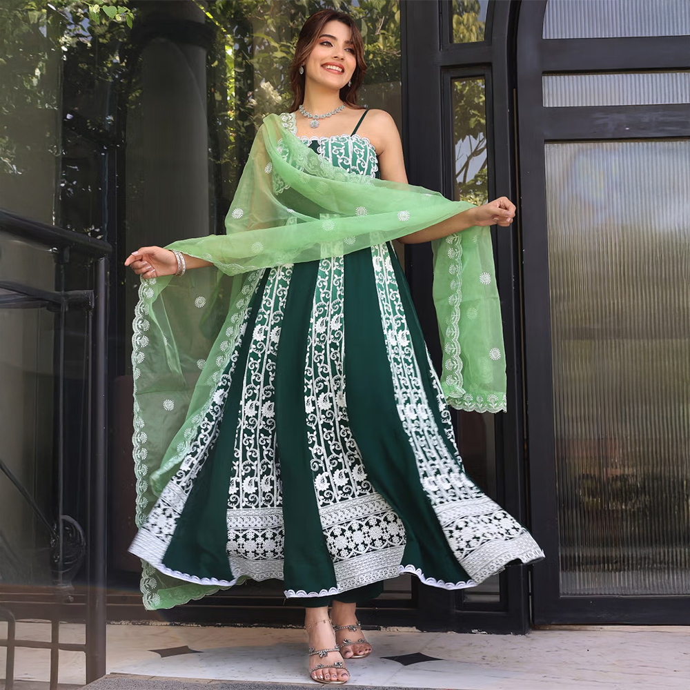 Label Aditi Hundia Green Chikankari Corset Anarkali With Pant And Dupatta (Set of 3)