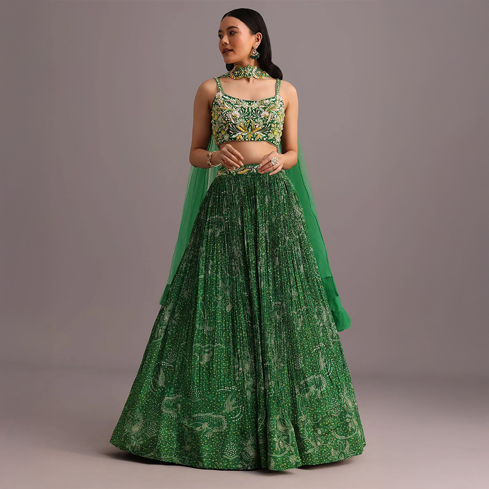 Green Hand Embroidered Choli With Bandhani Print Lehenga And Net Dupatta