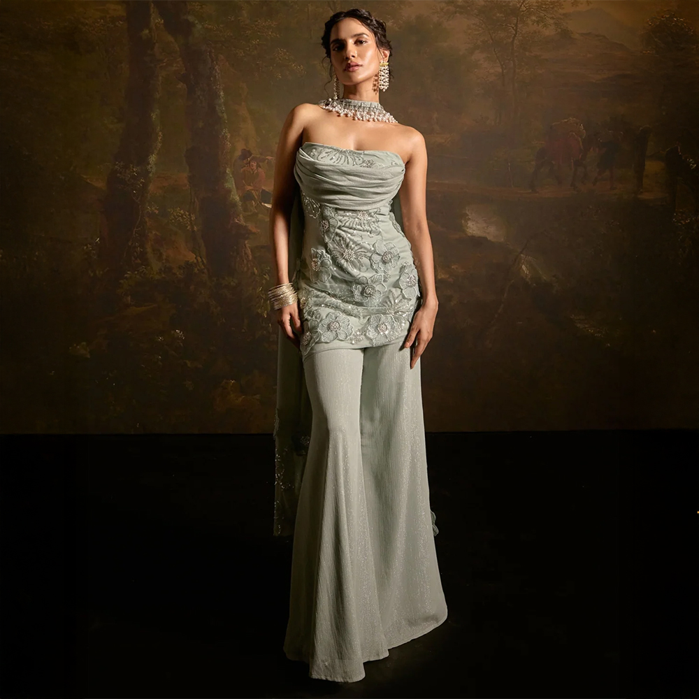 Nakhat Sage Green 3D Flower Embroidered Sleeveless Sharara Set