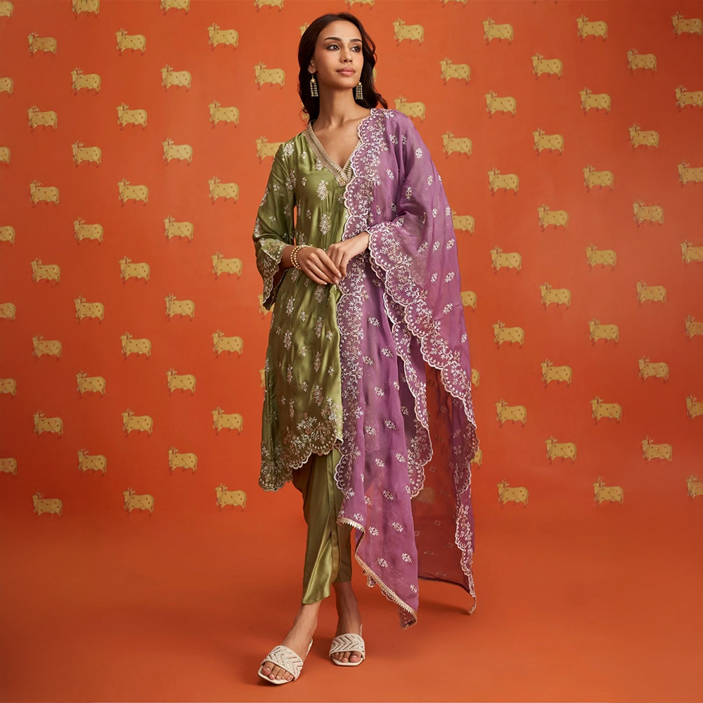 Callaia Cupro Satin Moss Green Kurta Set