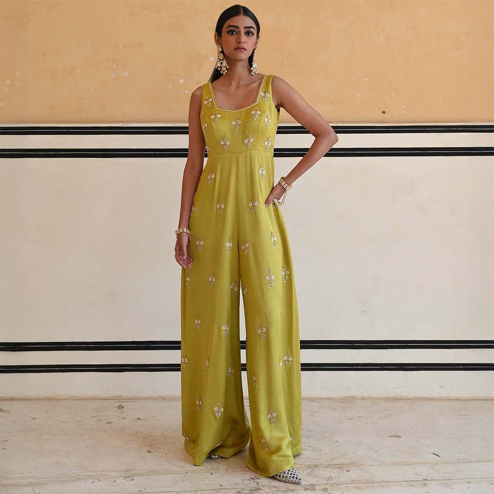 Ease Clothing Green Square Neckline Floral Butti Embroidered Flared Jumpsuit