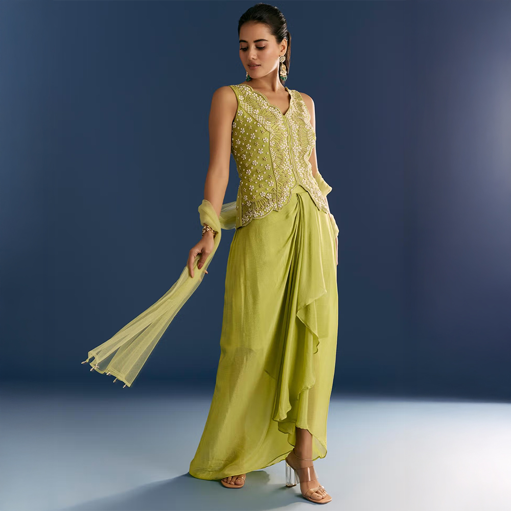 KALKI FASHION Green Chinon Moti Embroidered Top with Skirt & Dupatta