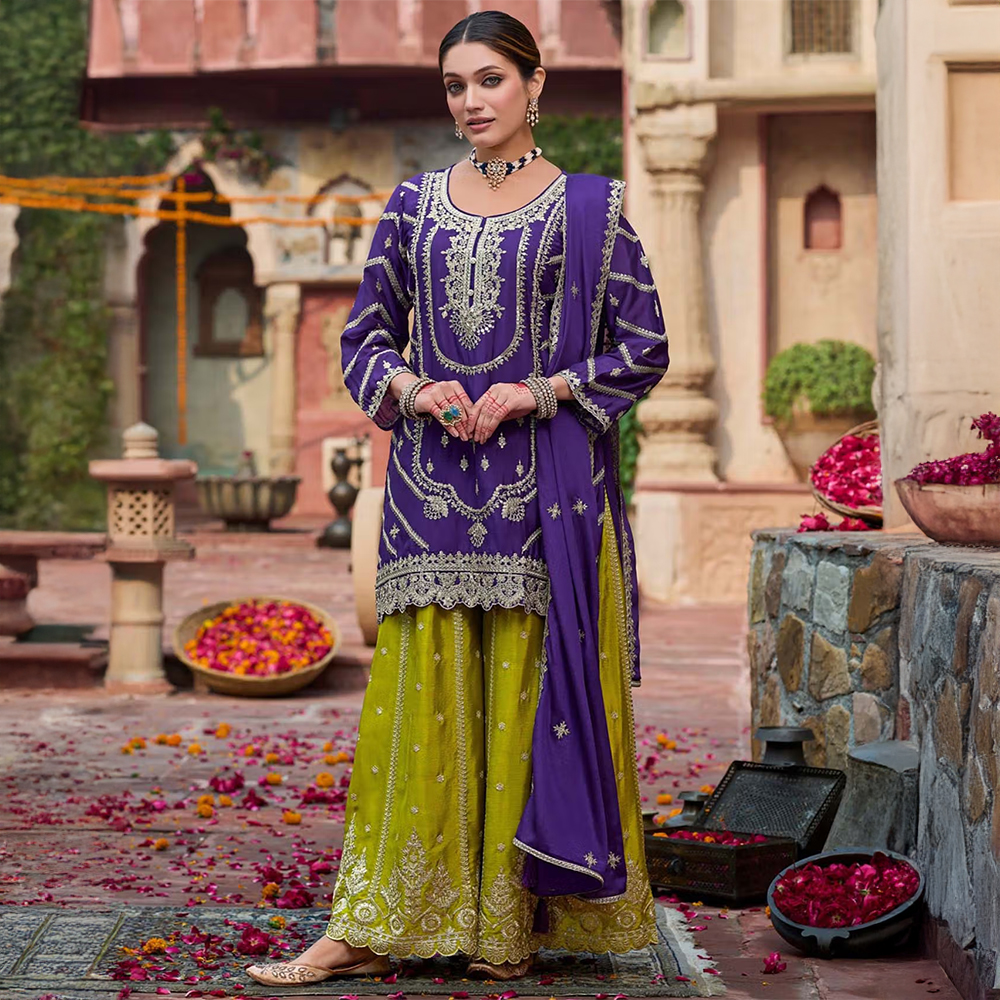 Autumnlane Purple Kanupriya Orchid Fern Kurta with Palazzo and Dupatta (Set of 3)
