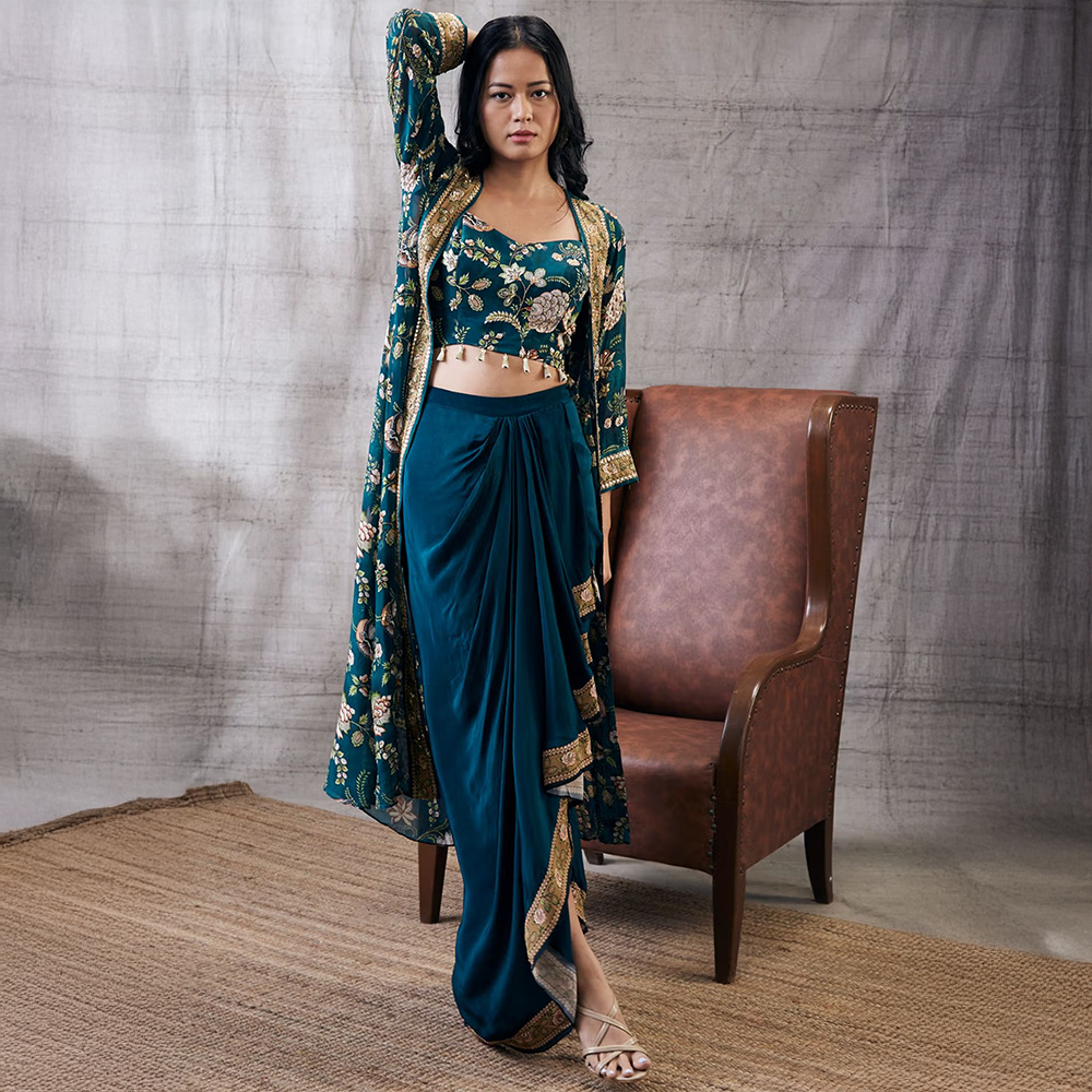 Soup by Sougat Paul Mehr Printed Drape Skirt Jacket (Set of 3)