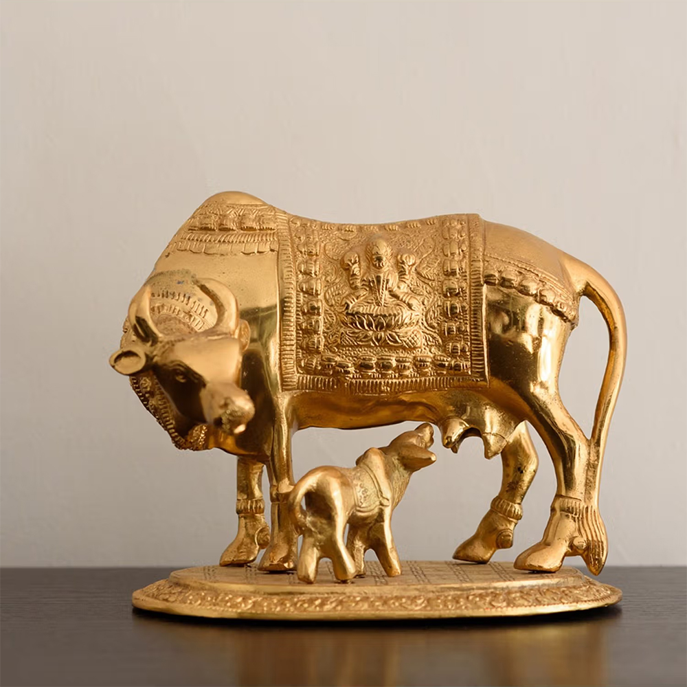eCraftIndia Golden Kamdhenu Cow and Calf Metal Figurine