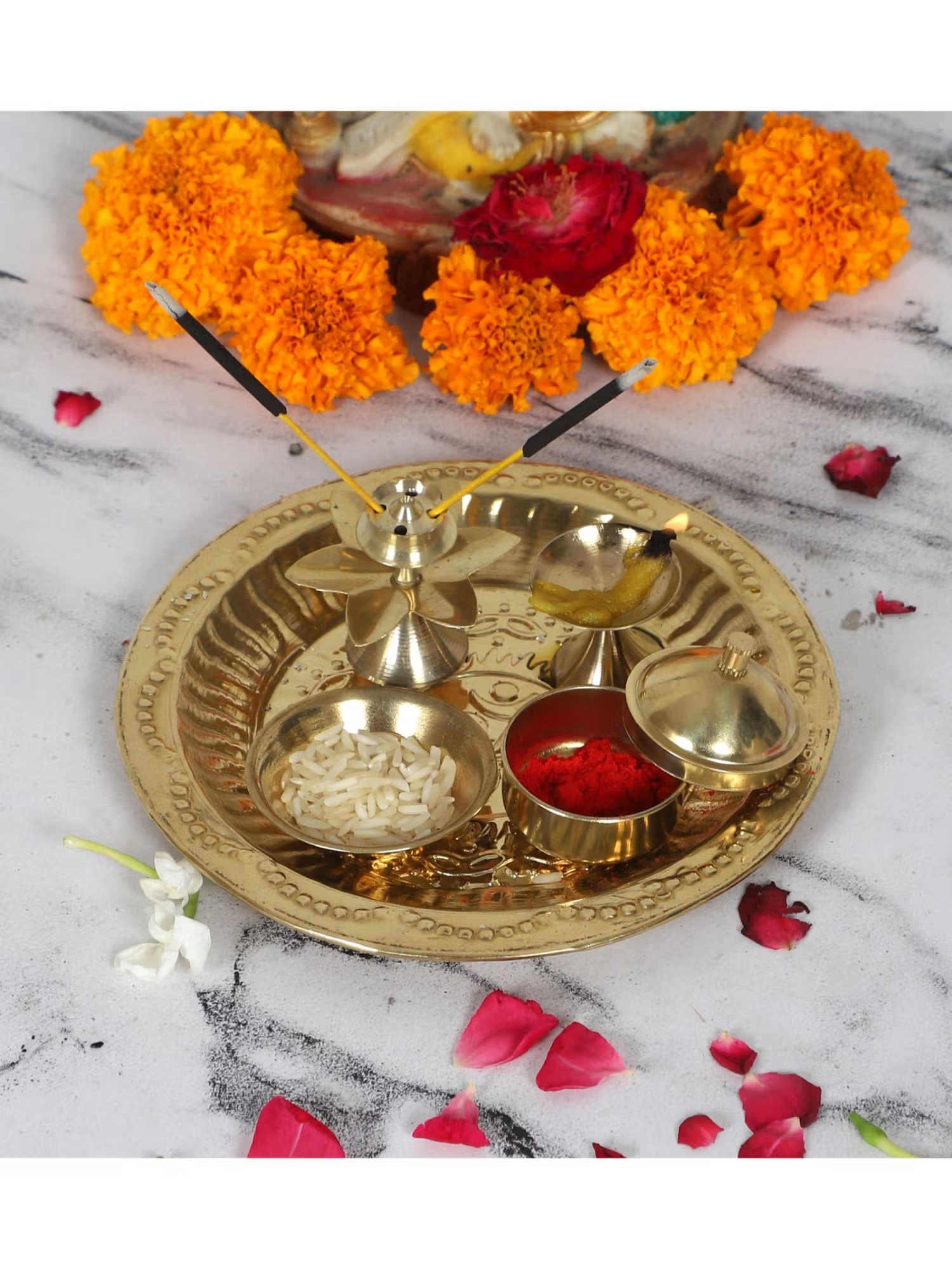 Amaya Decors Small Brass Pooja Thali Gold