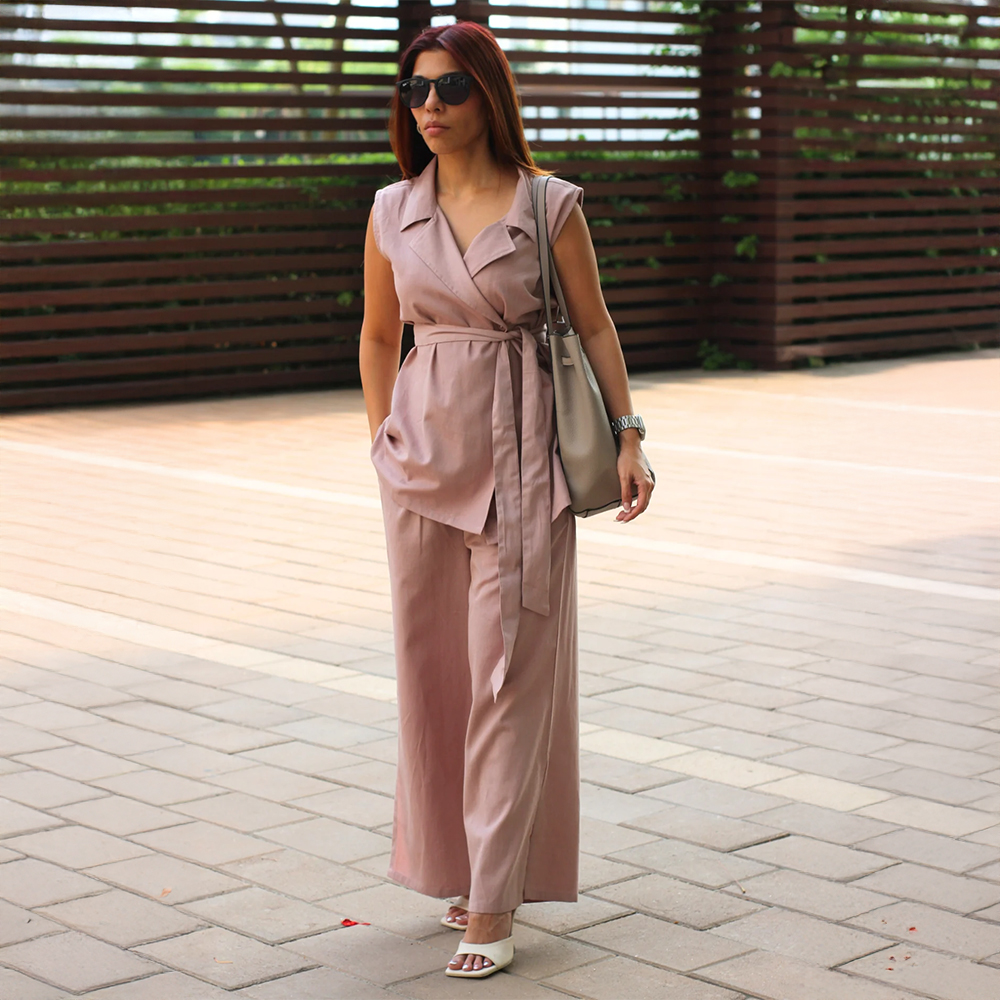 Mauve Belted Blazer Top with Flared Pants Co-ord