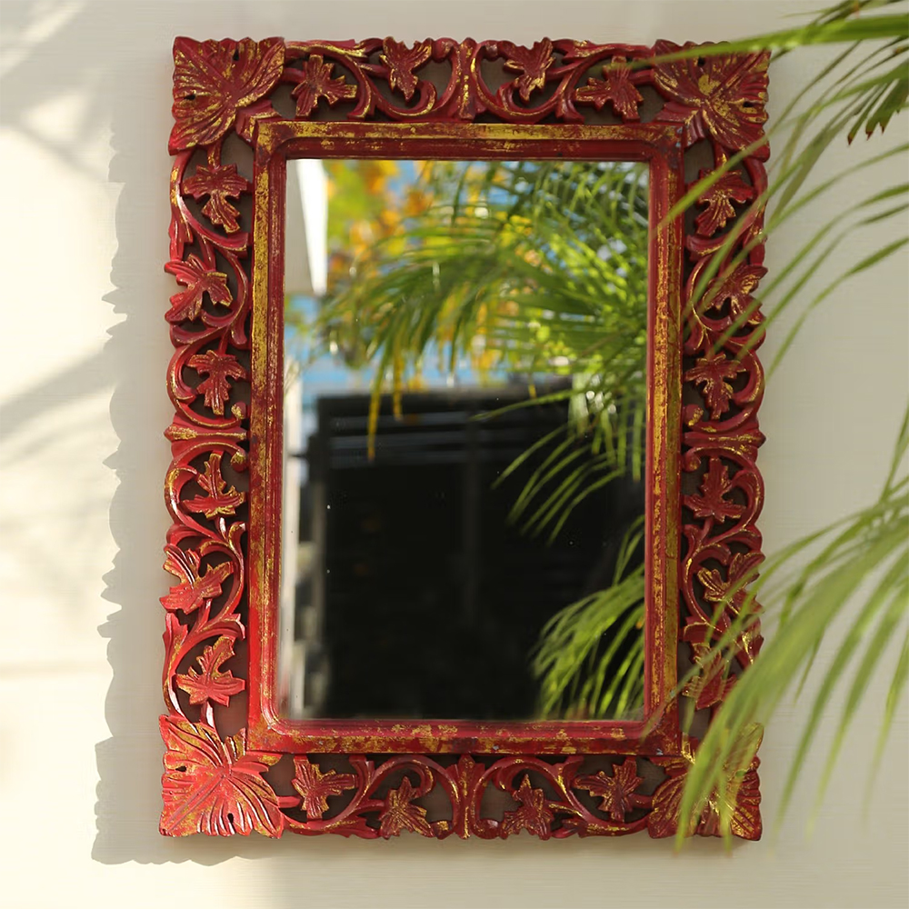 Revive Home Red Vintage Style Mdf Mirror with Golden Details & Distress Finish