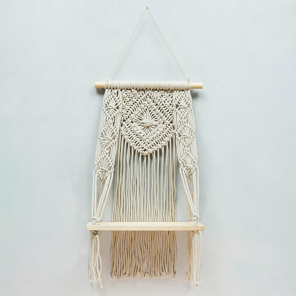 Homesake Macrame Wall Hanging Shelf Wood, Butterfly, Off-White