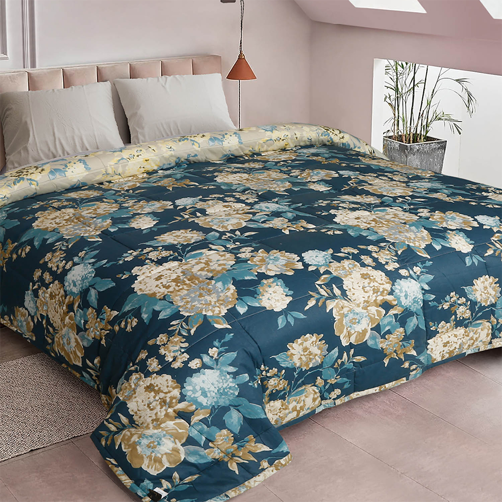 Rosara Home Navy Blue Floral Cotton Reversible Quilted Ac Comforter