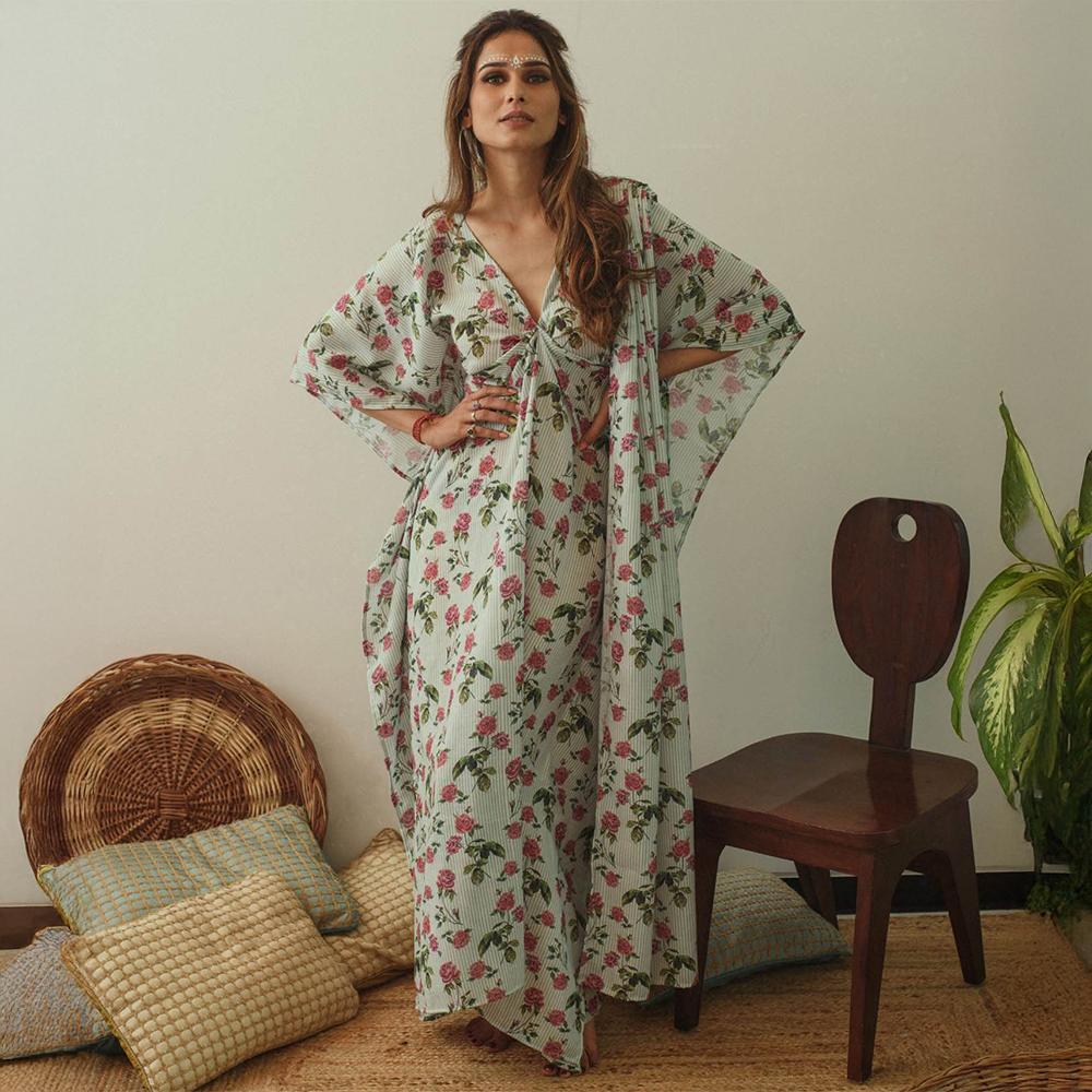 Pasha India Sage Green Saree Style Kaftan