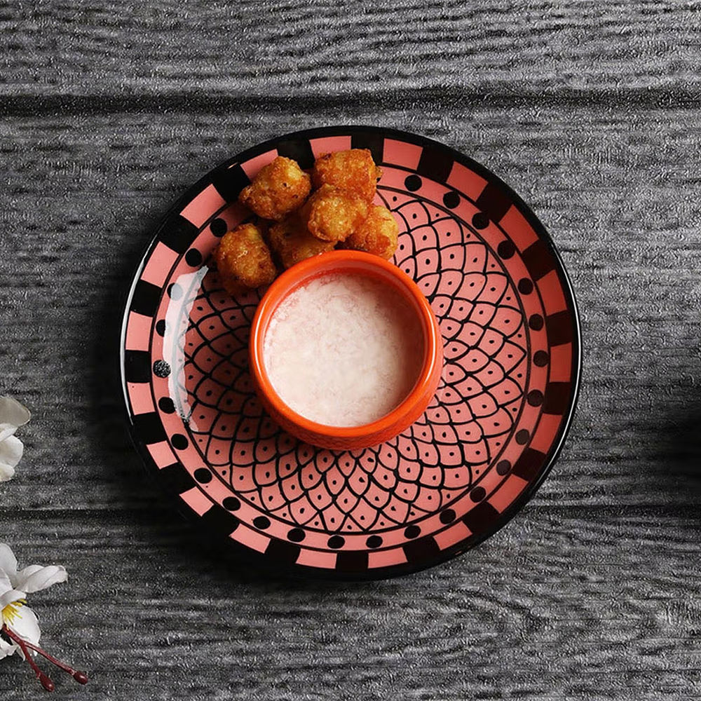 Ceramic Designer Floral Platter With Attached Bowl: Pink