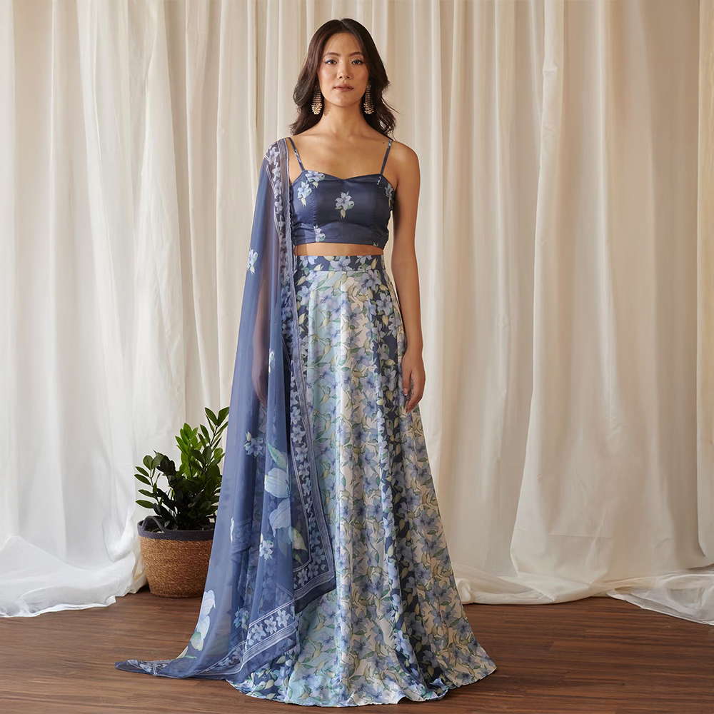 Pasha India Women Blended Fabric Floral Blue Lehenga with Choli and Dupatta (Set of 3)